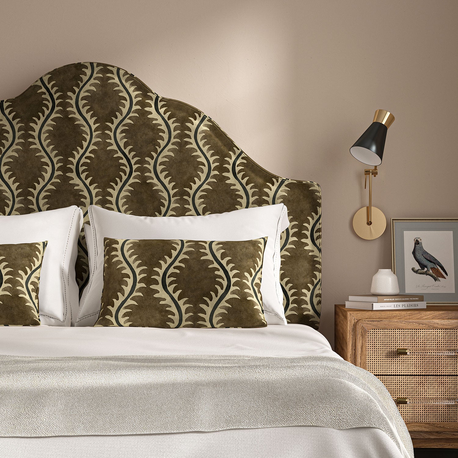 Headboard upholstered in a printed velvet fabric in brown and grey featuring a stylized fern pattern.