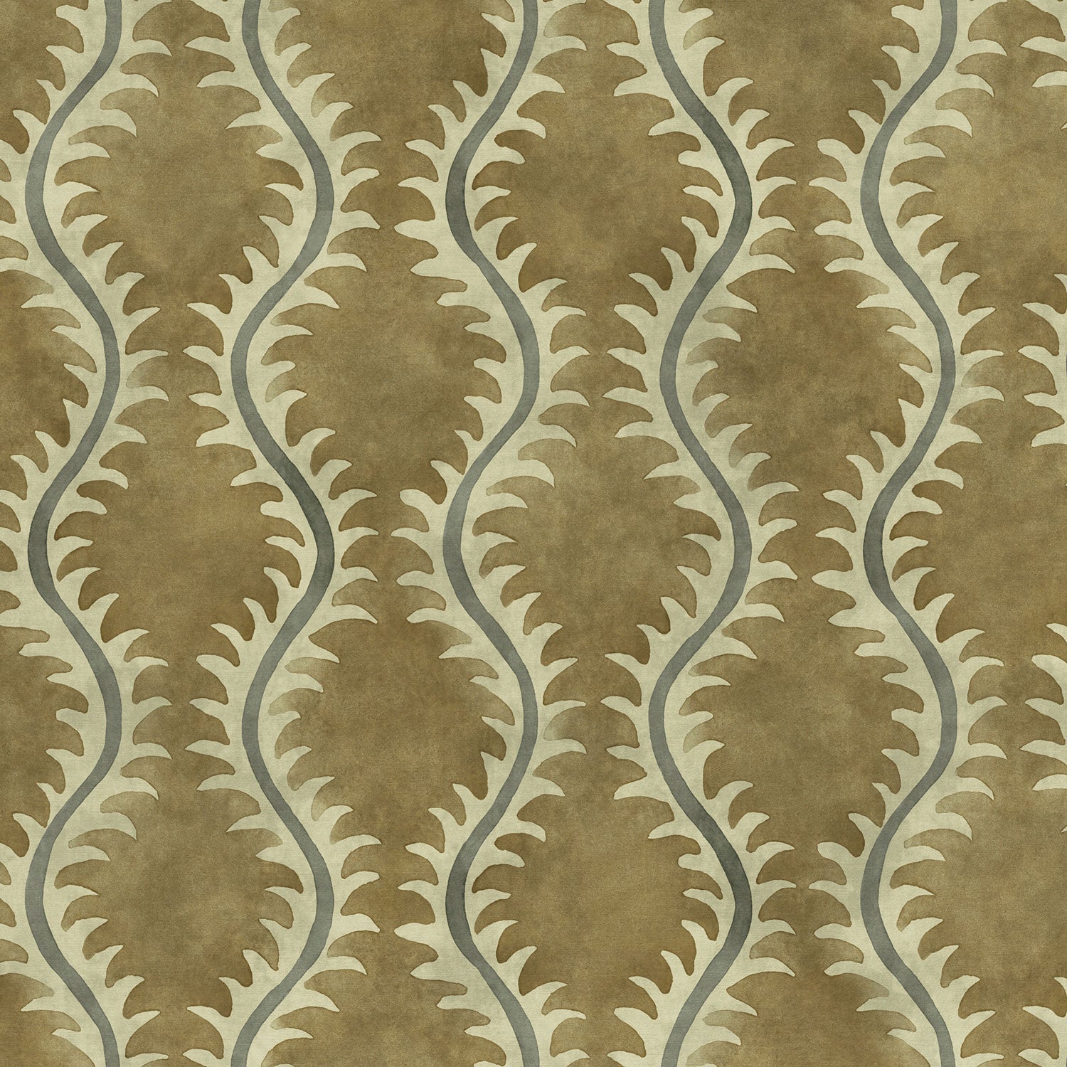 A printed velvet fabric sample in brown and grey featuring a stylized fern pattern.