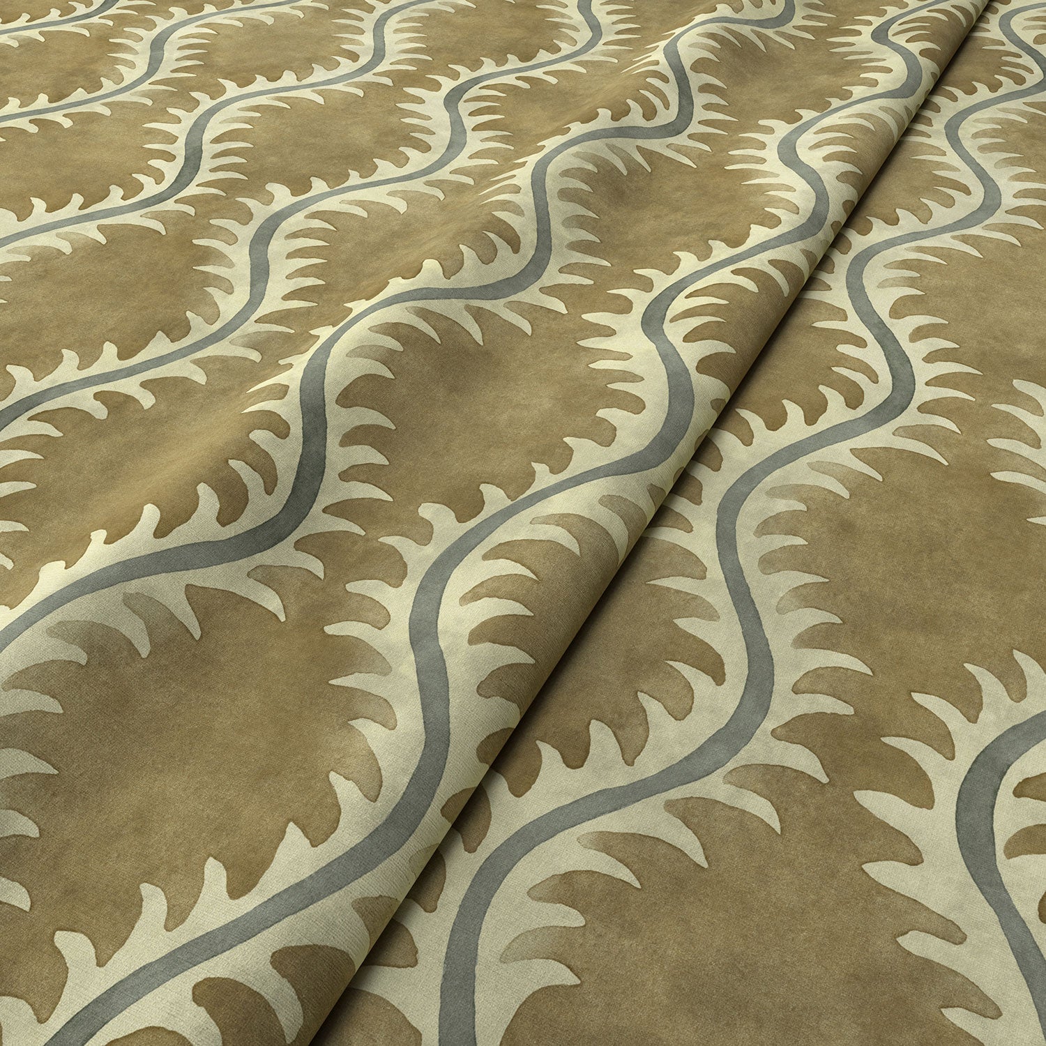 A printed velvet fabric sample in brown and grey featuring a stylized fern pattern.