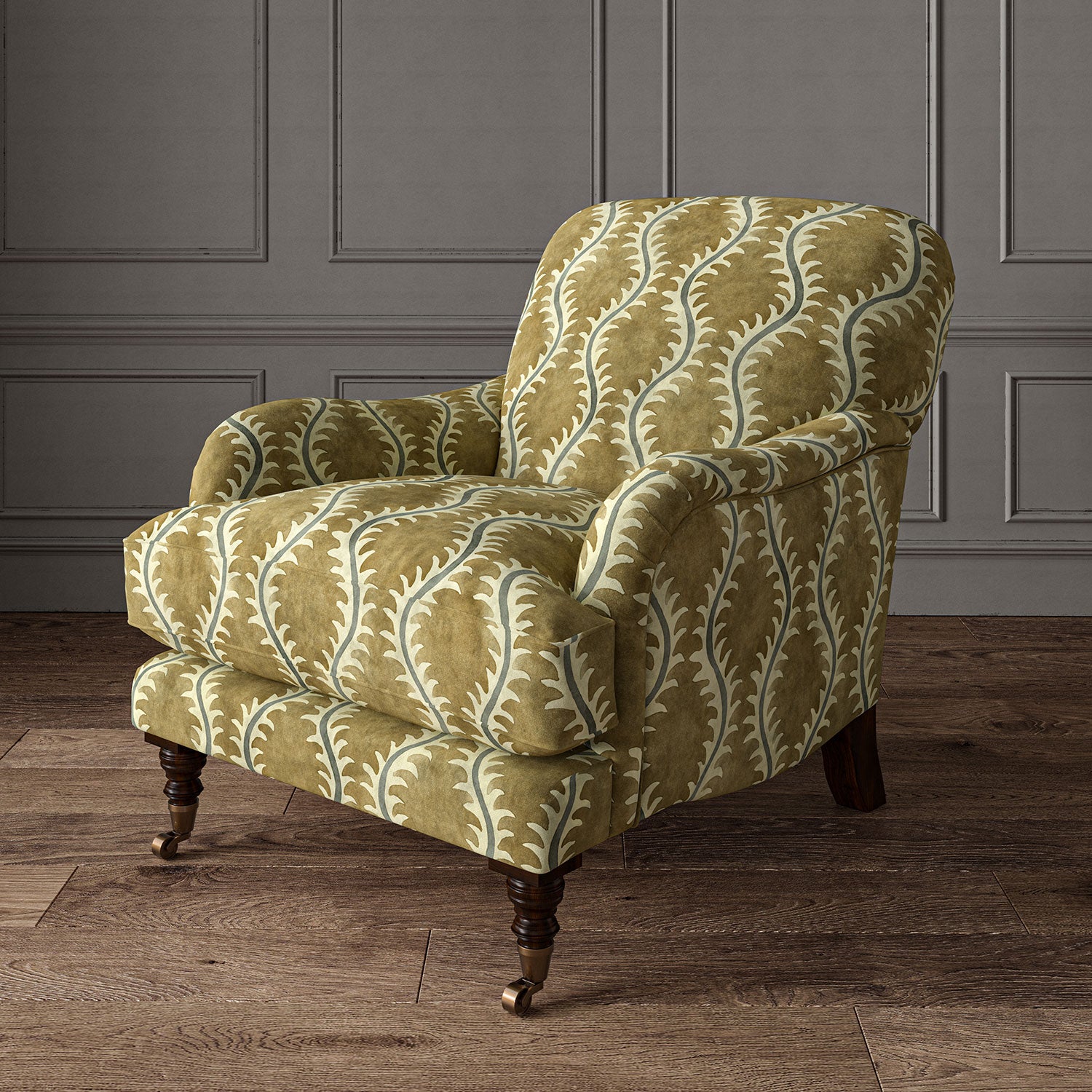 Armchair upholstered in a printed velvet fabric in brown and grey featuring a stylized fern pattern.