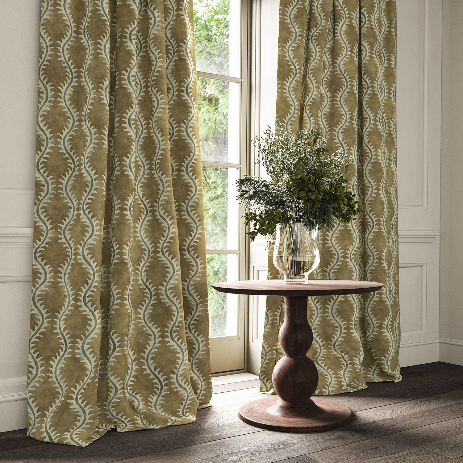 Curtains in a printed velvet fabric in brown and grey featuring a stylized fern pattern.