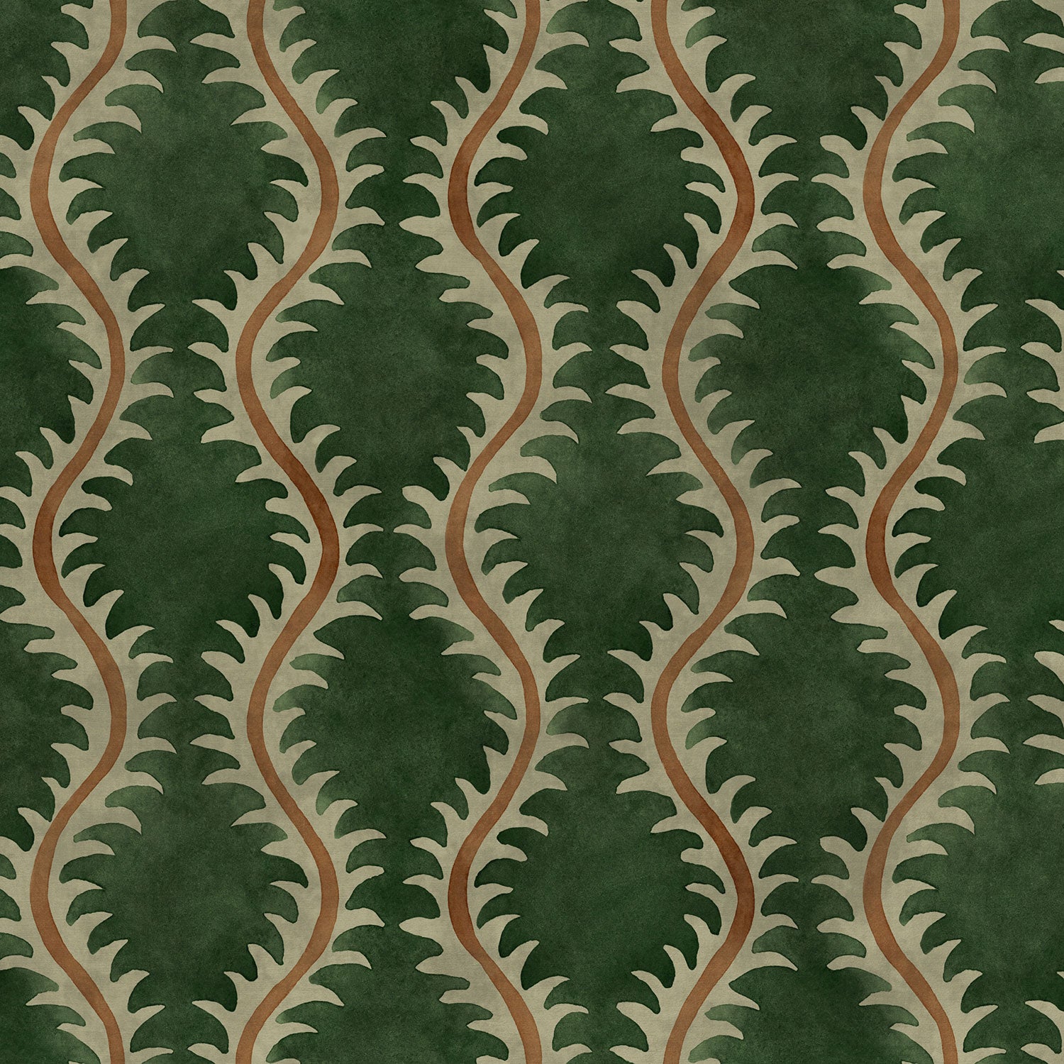 A printed velvet fabric sample in green and orange featuring a stylized fern pattern.