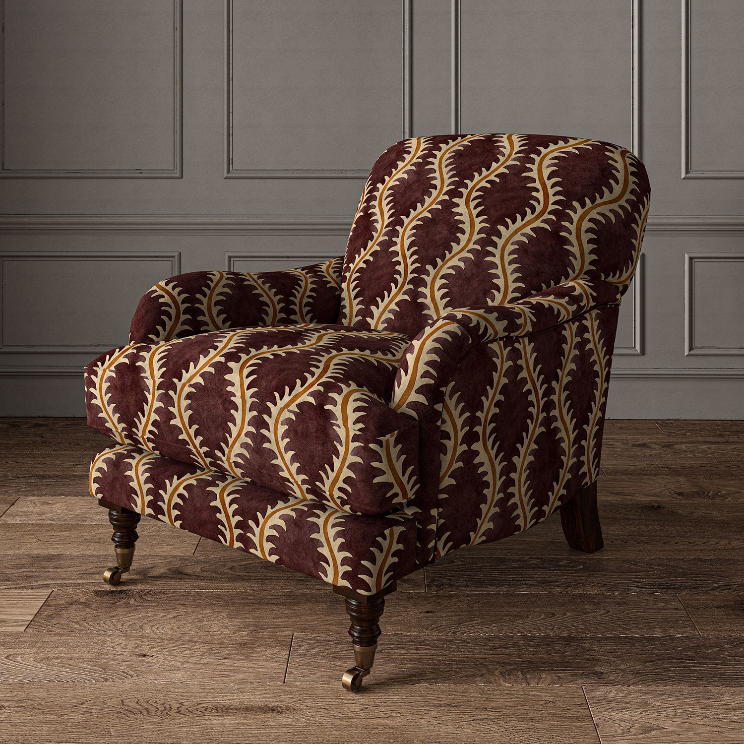 Armchair upholstered in a printed velvet fabric in purple and orange featuring a stylized fern pattern.