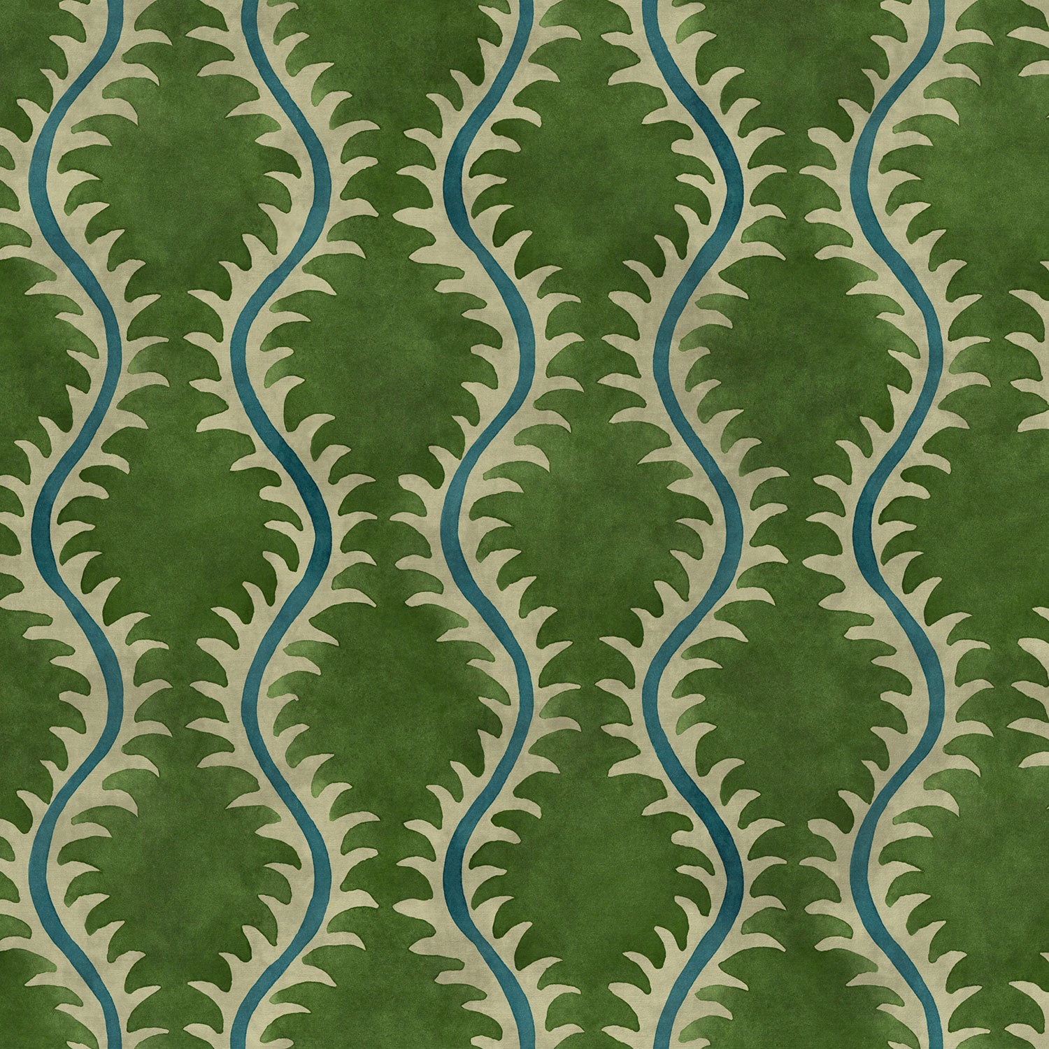 A printed velvet fabric sample in green and blue featuring a stylized fern pattern.