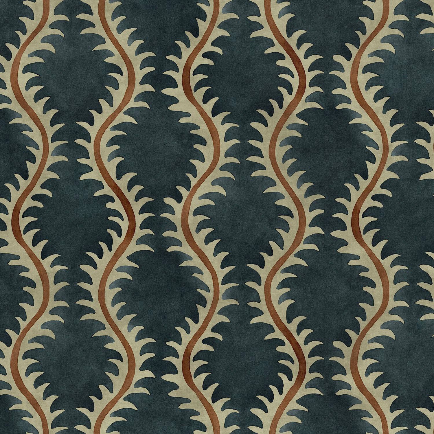 A printed velvet fabric sample in blue and orange featuring a stylized fern pattern.