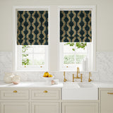 Blinds in a printed velvet fabric in blue and orange featuring a stylized fern pattern.