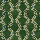 A printed velvet fabric sample in green and blue featuring a stylized fern pattern.