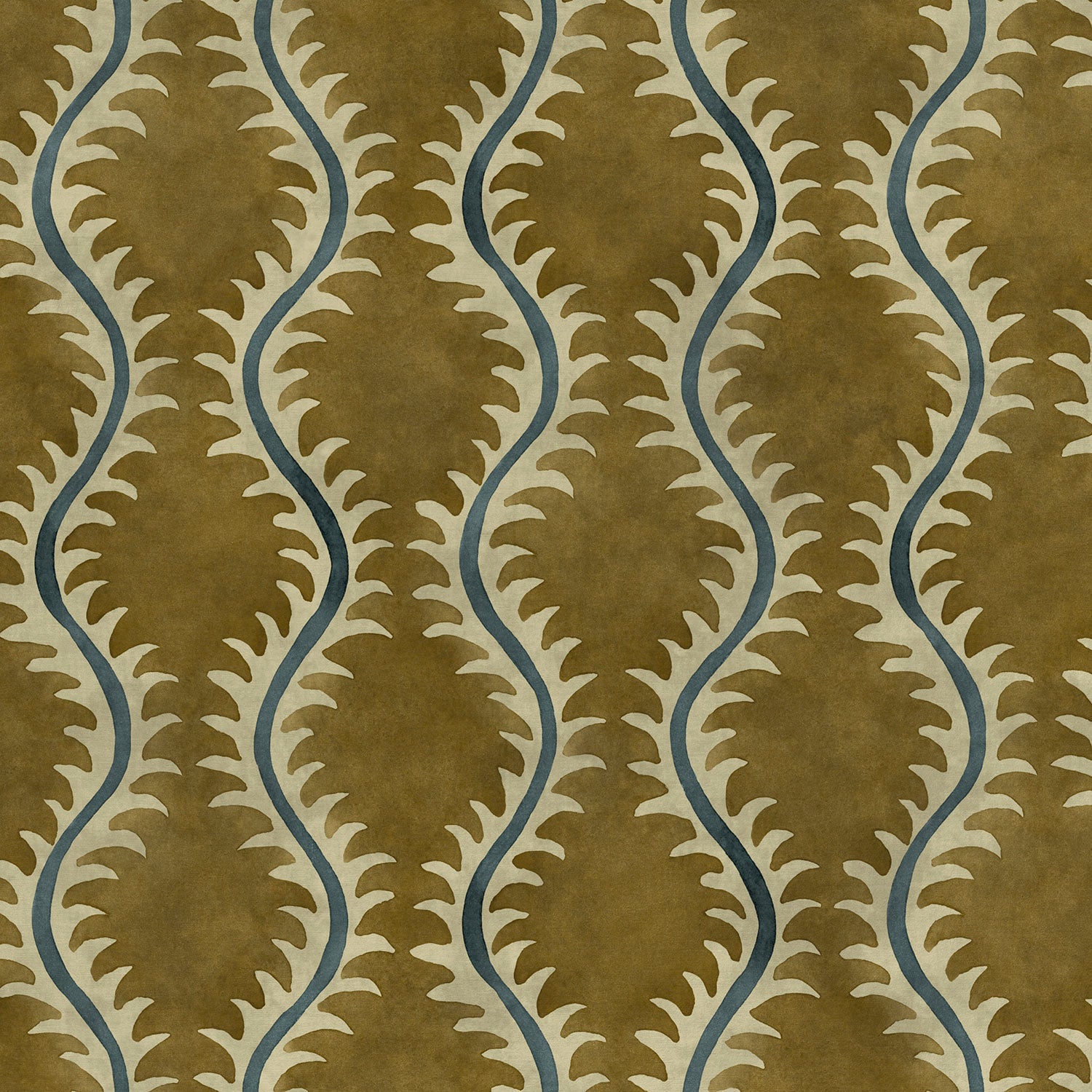 A printed velvet fabric sample in brown and blue featuring a stylized fern pattern.