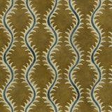 A printed velvet fabric sample in brown and blue featuring a stylized fern pattern.