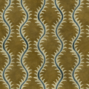 A printed velvet fabric sample in brown and blue featuring a stylized fern pattern.