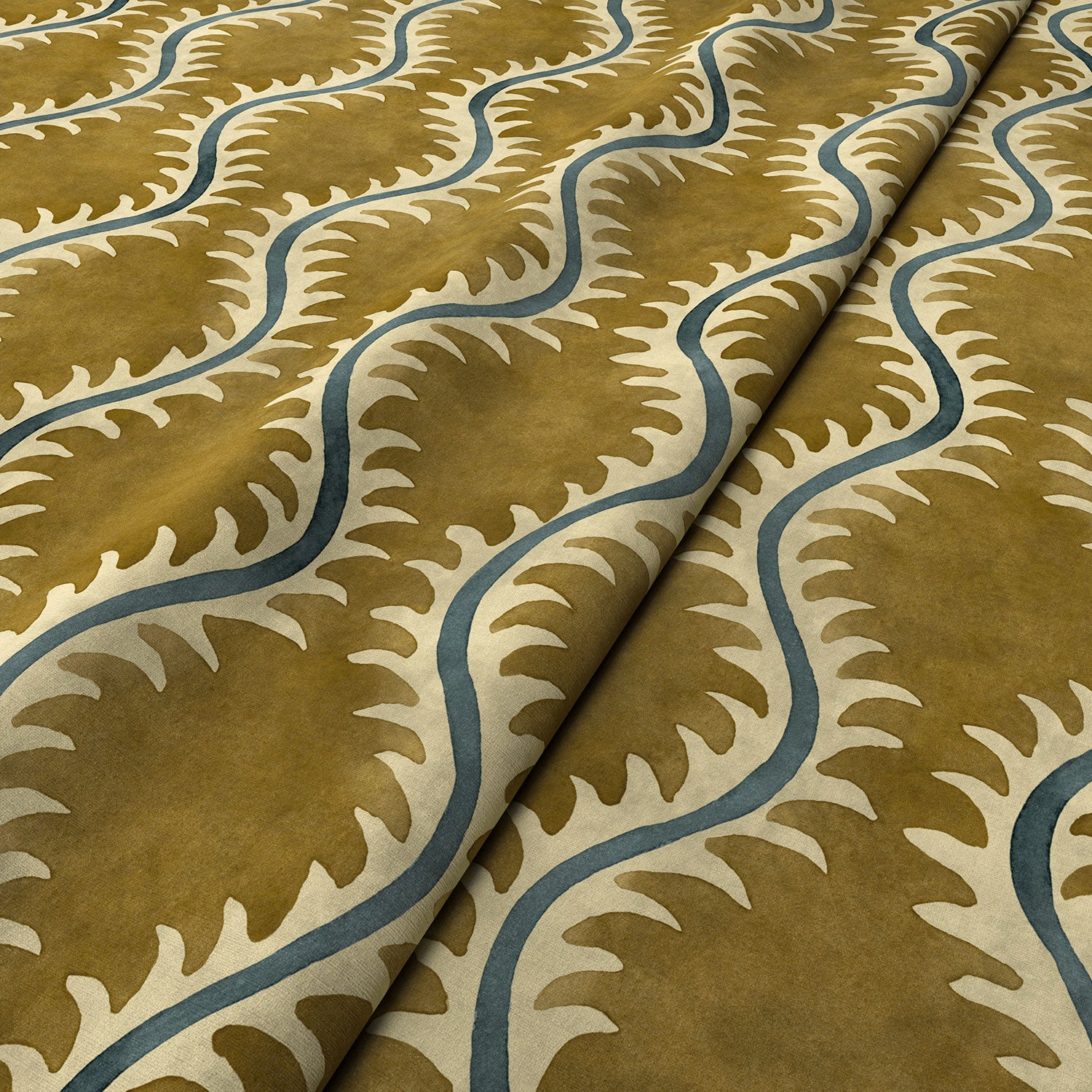 A printed velvet fabric sample in brown and blue featuring a stylized fern pattern.