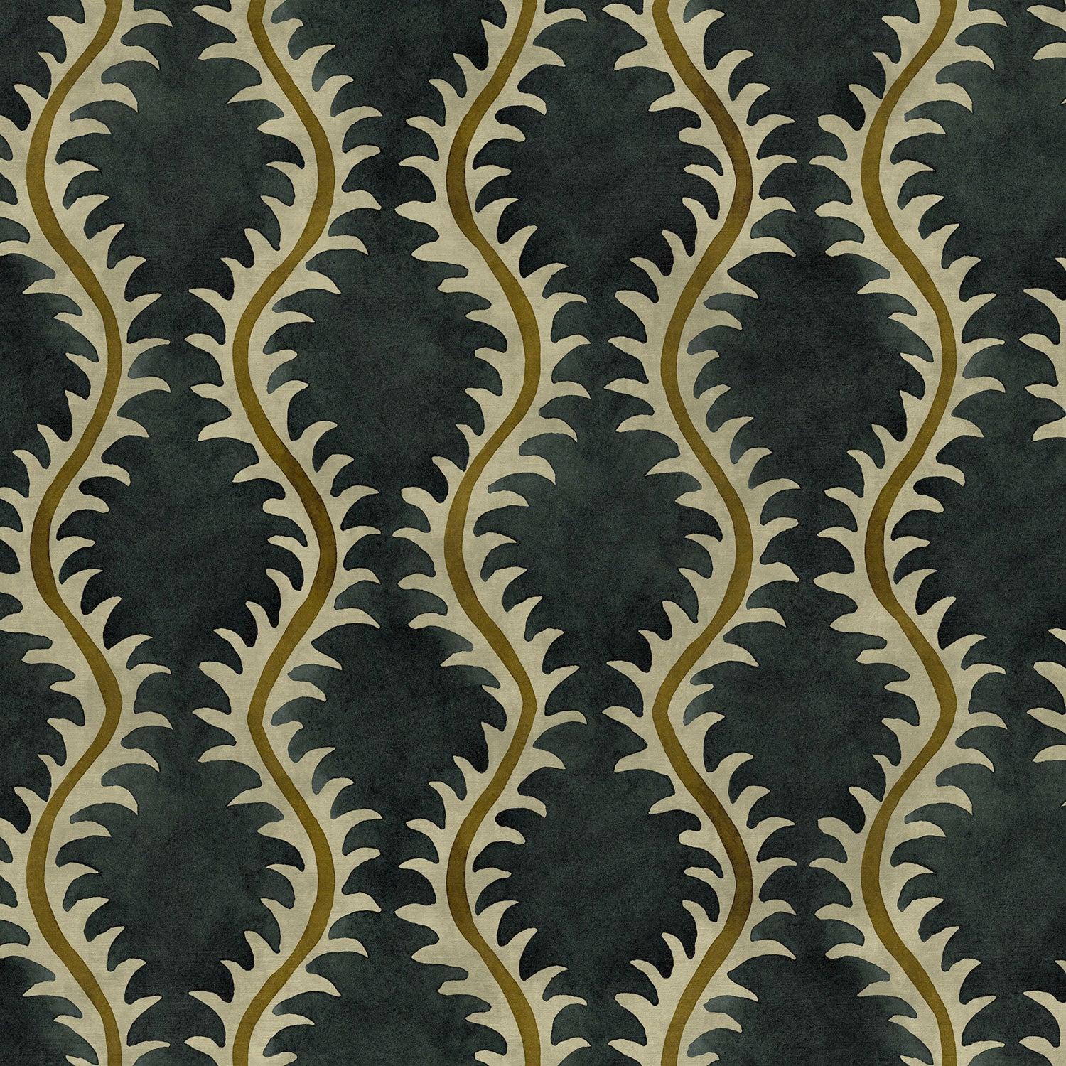 A printed velvet fabric sample in blue and brown featuring a stylized fern pattern.