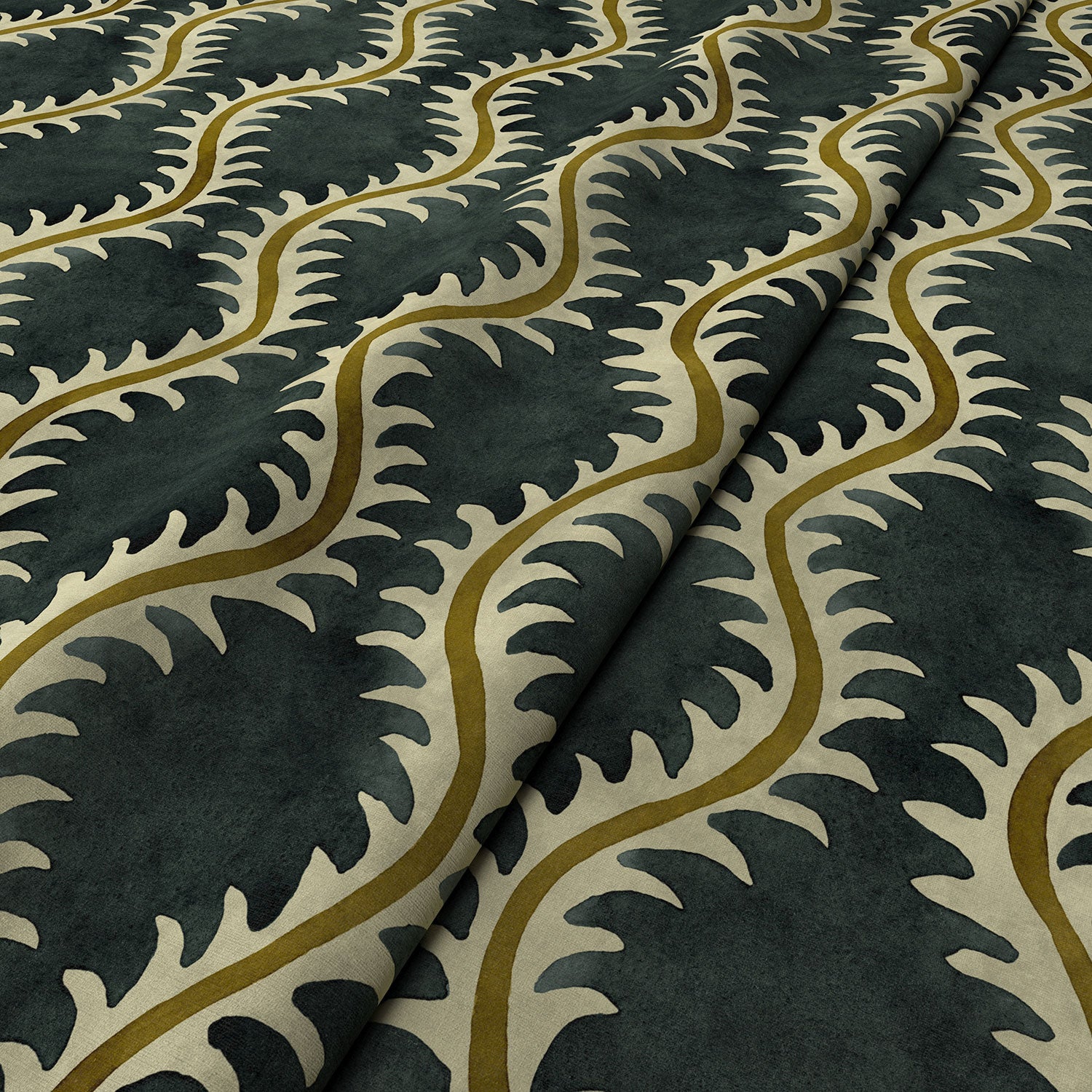 A printed velvet fabric sample in blue and brown featuring a stylized fern pattern.