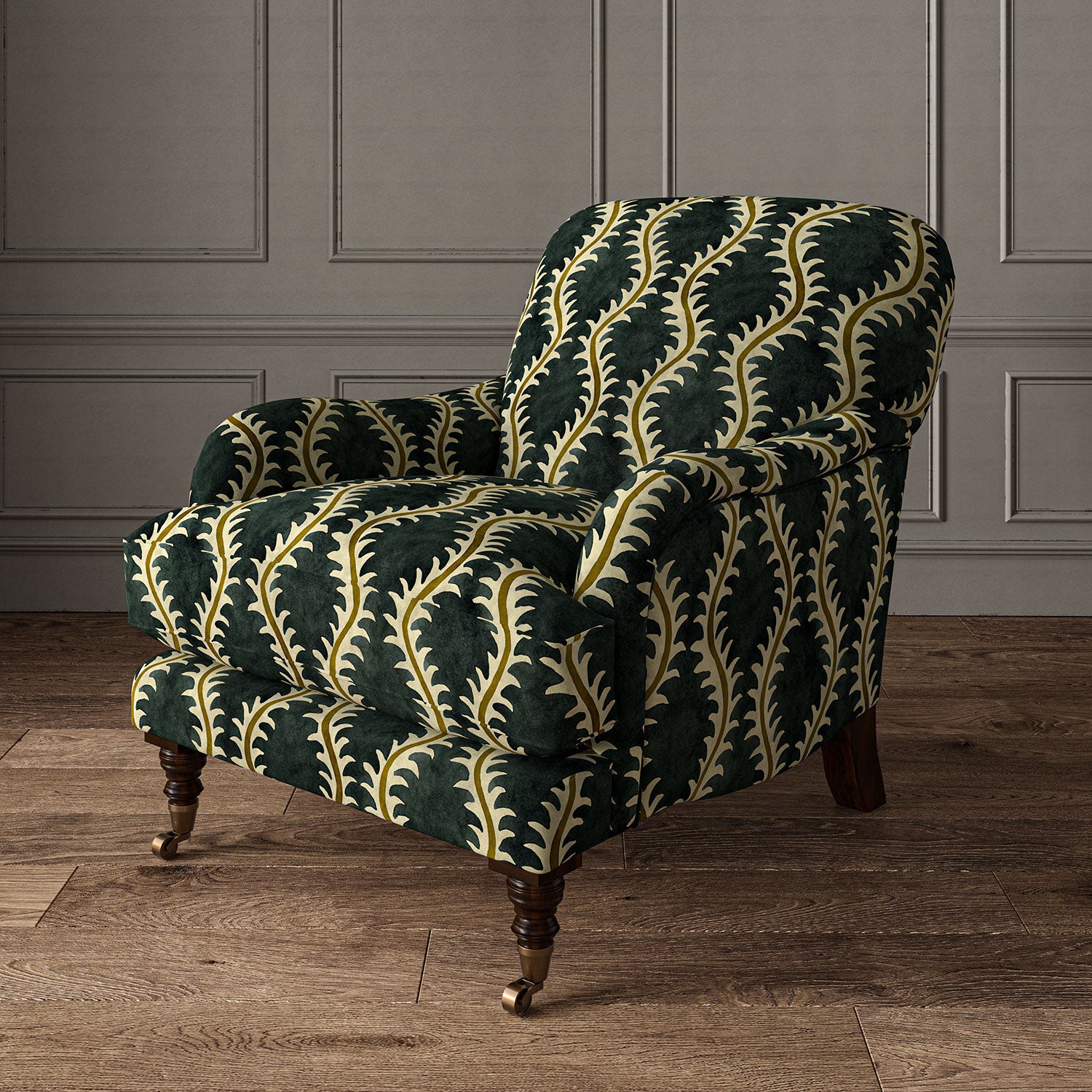 Armchair upholstered in a printed velvet fabric in blue and brown featuring a stylized fern pattern.