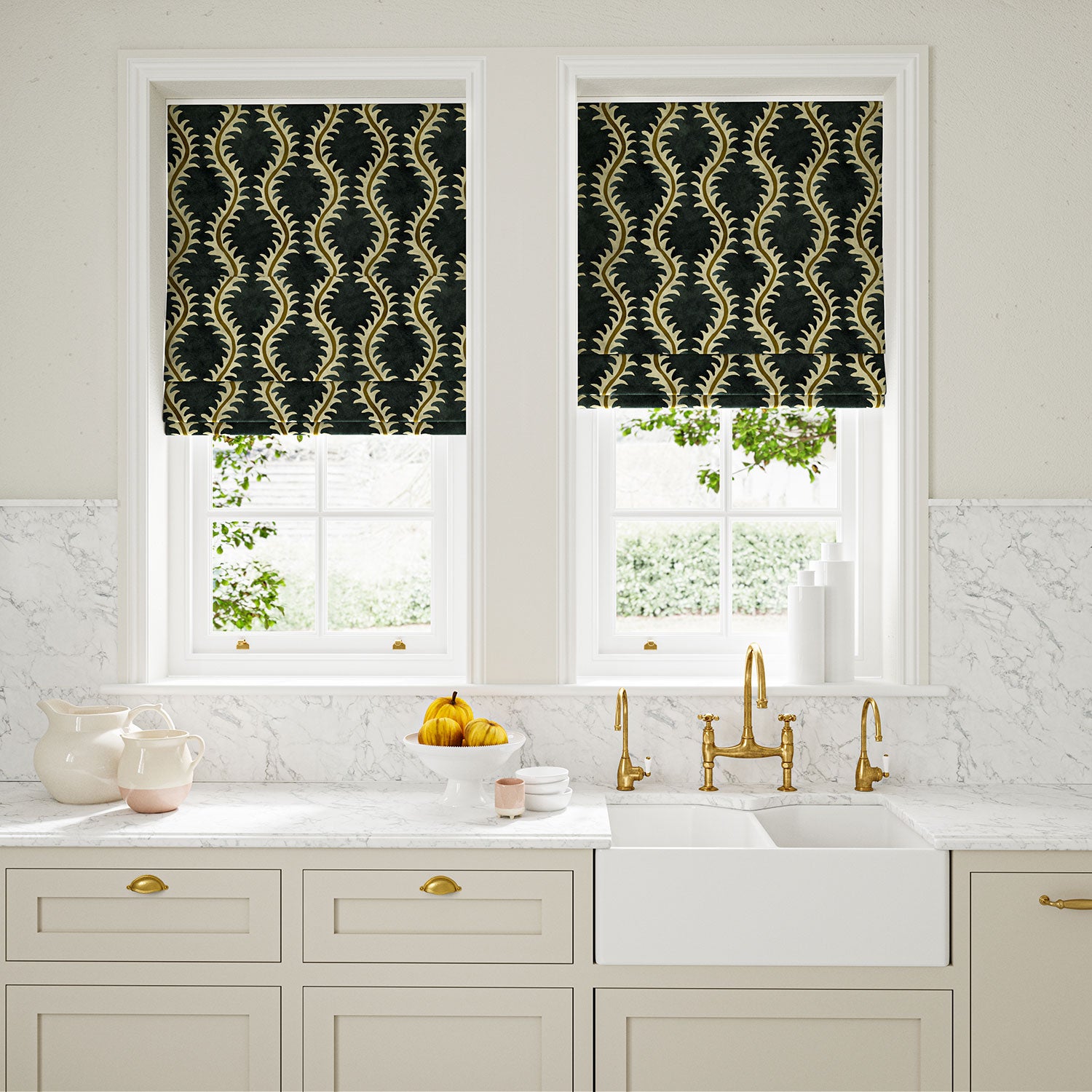 Blinds in a printed velvet fabric in blue and brown featuring a stylized fern pattern.