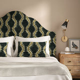 Headboard upholstered in a printed velvet fabric in blue and brown featuring a stylized fern pattern.