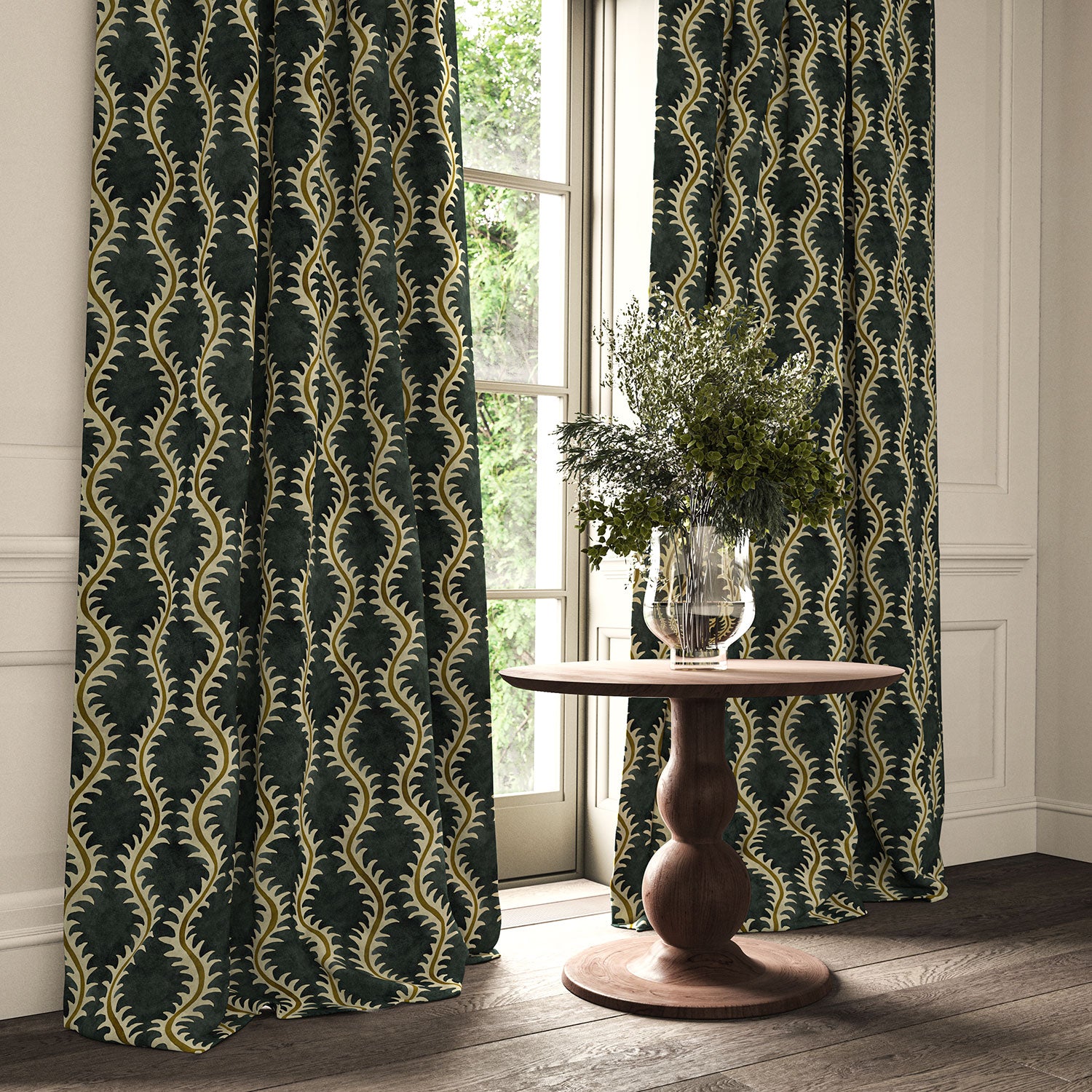 Curtains in a printed velvet fabric in blue and brown featuring a stylized fern pattern.