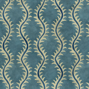 A printed velvet fabric sample in blue and off white featuring a stylized fern pattern.