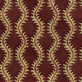 A printed velvet fabric sample in purple and orange featuring a stylized fern pattern.