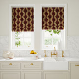 Blinds in a printed velvet fabric in purple and orange featuring a stylized fern pattern.