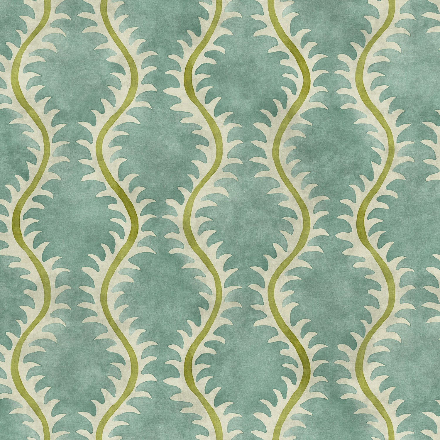 A printed velvet fabric sample in blue and green featuring a stylized fern pattern.