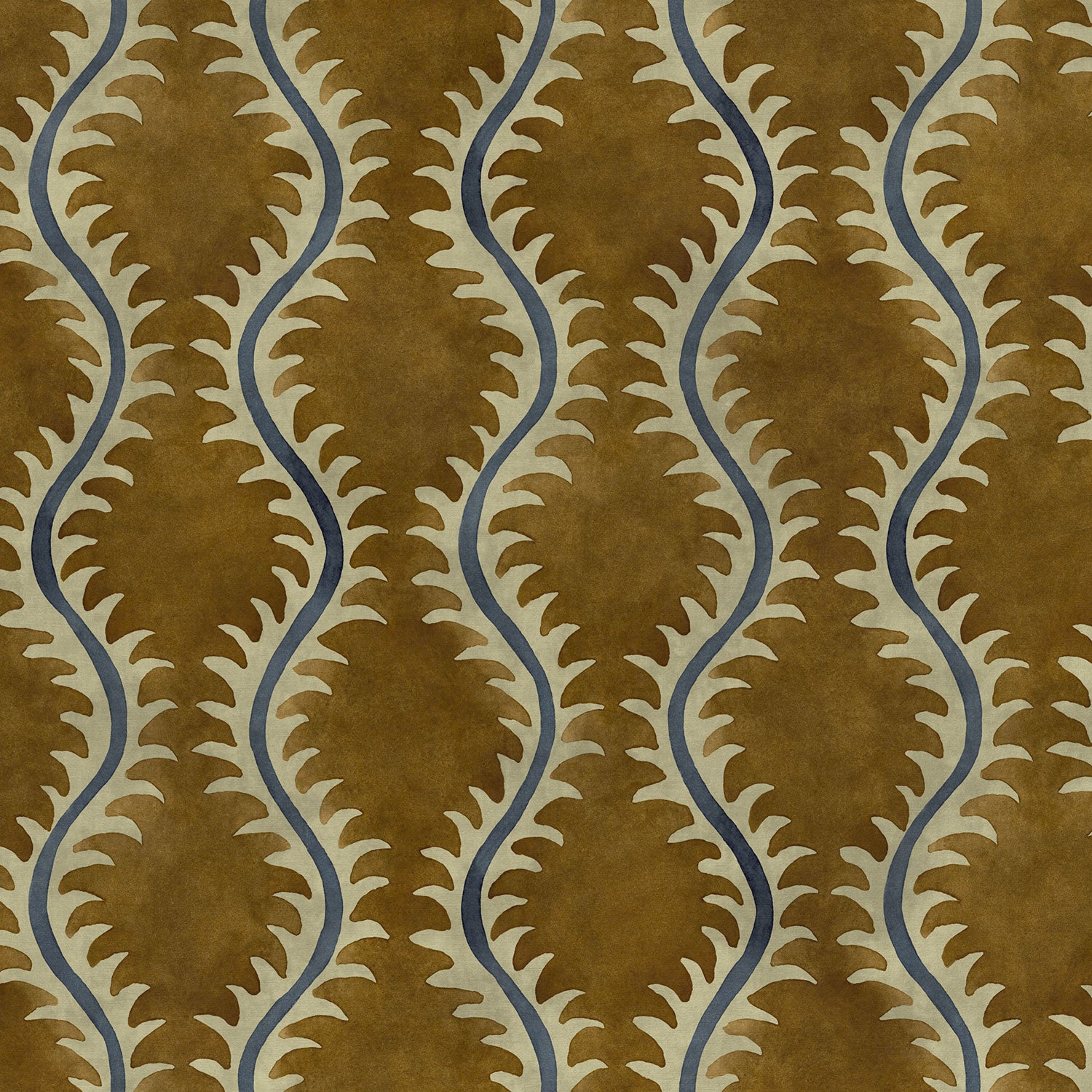 A printed velvet fabric sample in brown and blue featuring a stylized fern pattern.