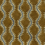 A printed velvet fabric sample in brown and blue featuring a stylized fern pattern.