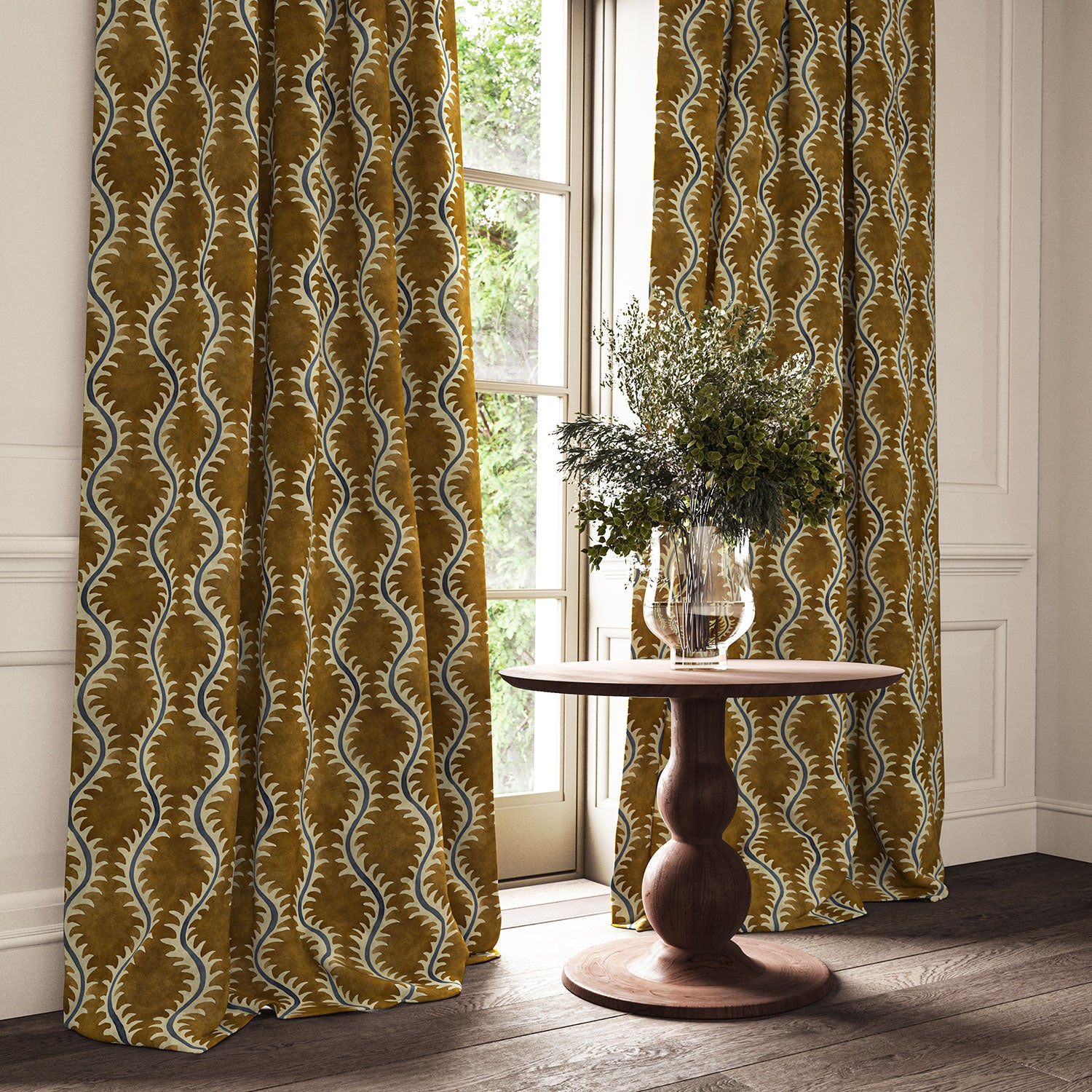 Curtains in a printed velvet fabric in brown and blue featuring a stylized fern pattern.