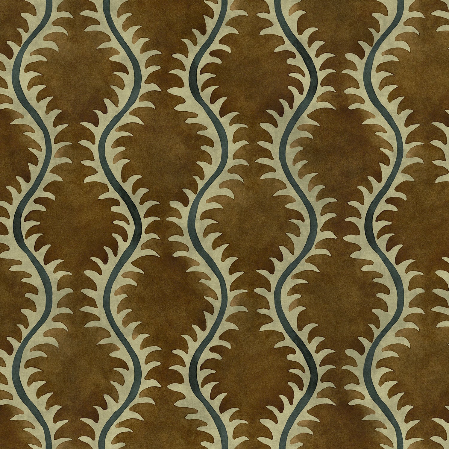 A printed velvet fabric sample in brown and green featuring a stylized fern pattern.