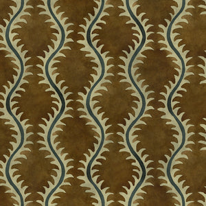 A printed velvet fabric sample in brown and green featuring a stylized fern pattern.