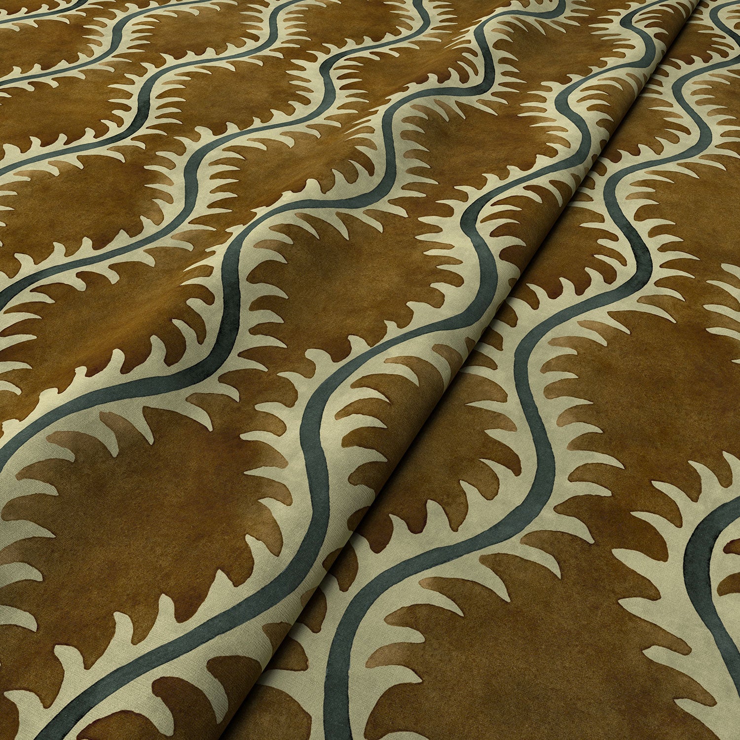 A printed velvet fabric sample in brown and green featuring a stylized fern pattern.