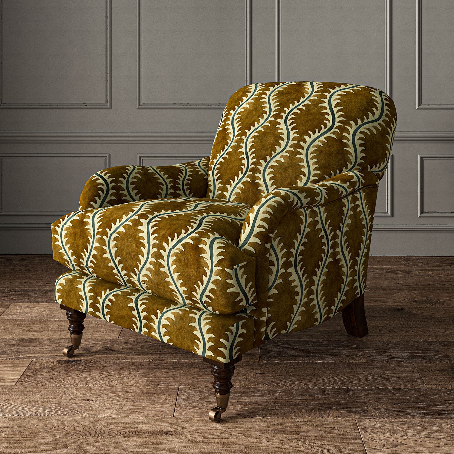 Armchair upholstered in a printed velvet fabric in brown and green featuring a stylized fern pattern.