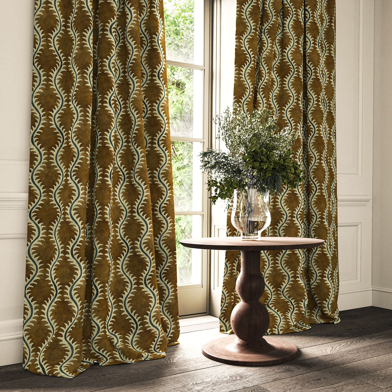 Curtains in a printed velvet fabric in brown and green featuring a stylized fern pattern.