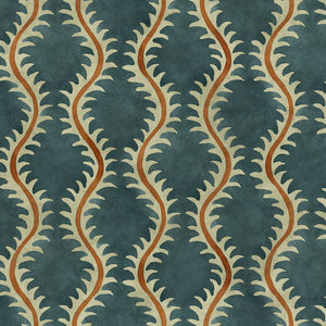 A printed velvet fabric sample in blue and orange featuring a stylized fern pattern.