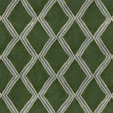 Close-up of green and blue printed velvet fabric featuring an irregular diamond motif with a soft, luxurious pile. 