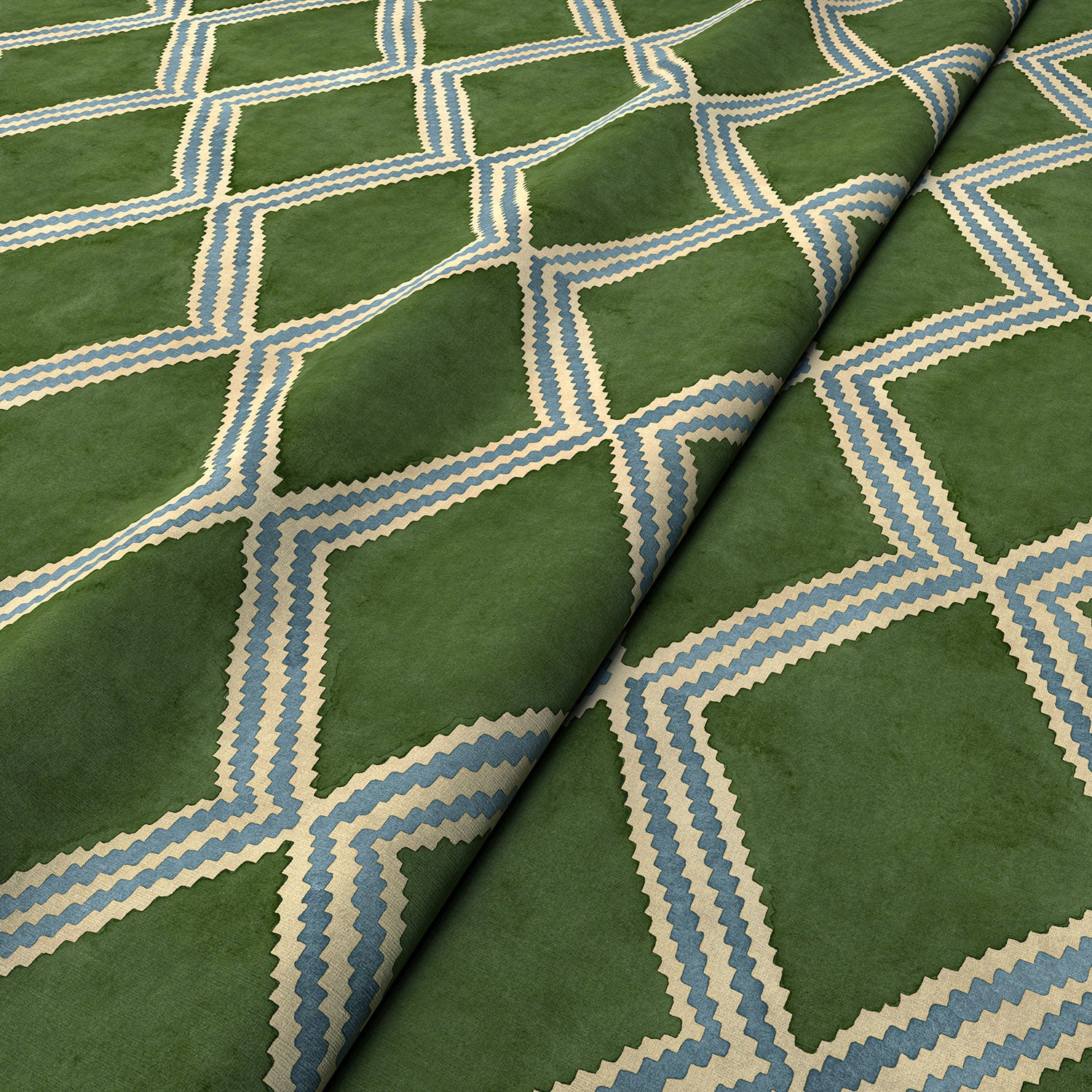 Close-up of green and blue printed velvet fabric featuring an irregular diamond motif with a soft, luxurious pile. 