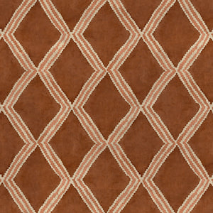 Close-up of ginger/brown printed velvet fabric featuring an irregular diamond motif with a soft, luxurious pile. 