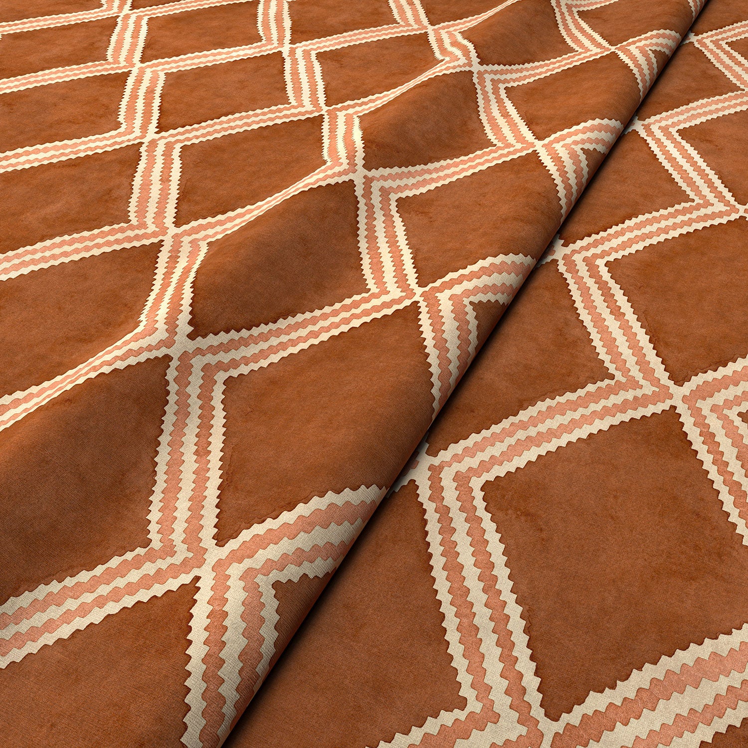 Close-up of ginger/brown printed velvet fabric featuring an irregular diamond motif with a soft, luxurious pile. 