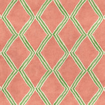 Close-up of orange and green printed velvet fabric featuring an irregular diamond motif with a soft, luxurious pile. 