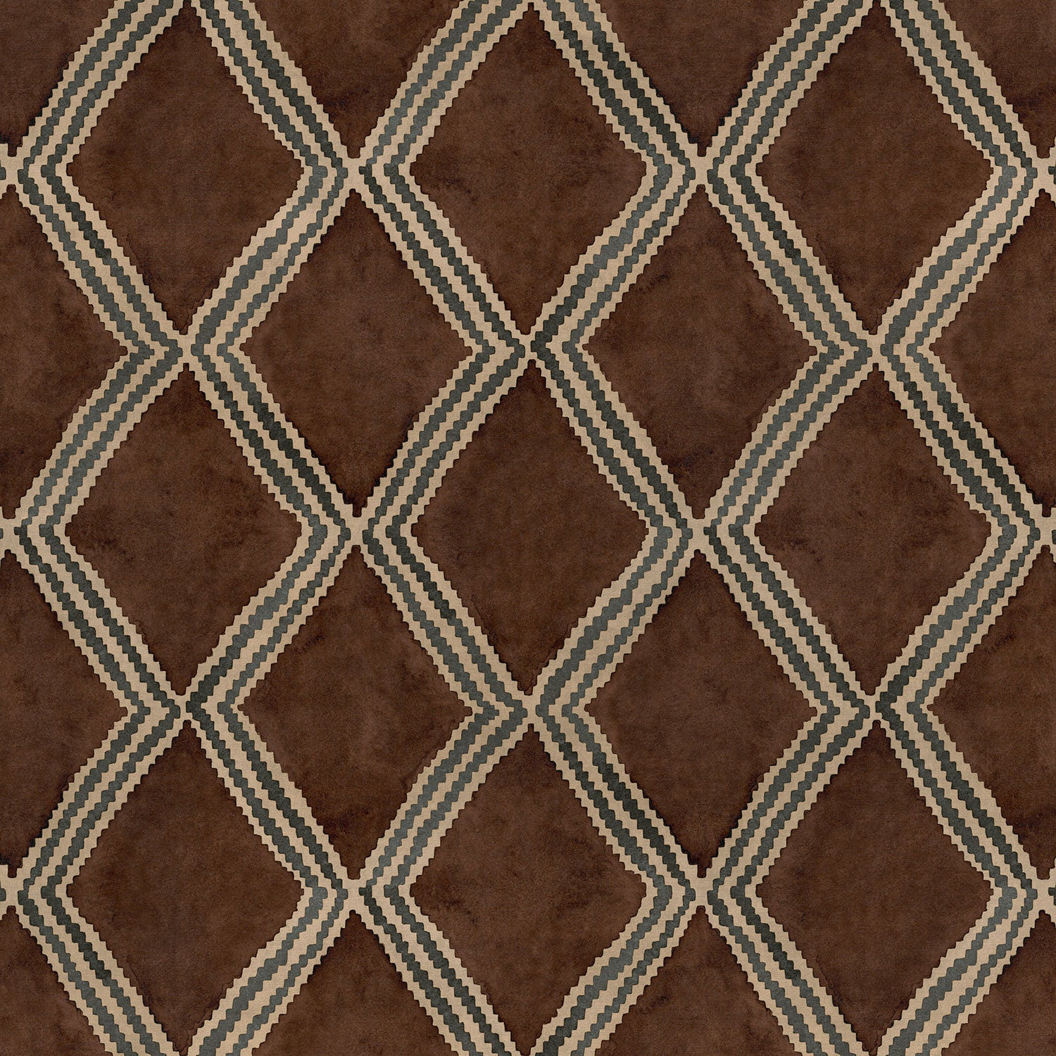 Brown and blue irregular diamond motif printed velvet fabric