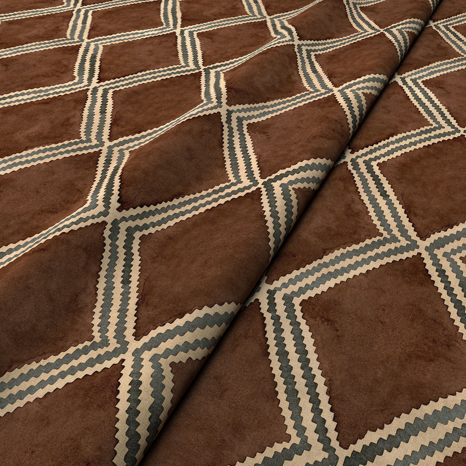 Brown and blue irregular diamond motif printed velvet fabric