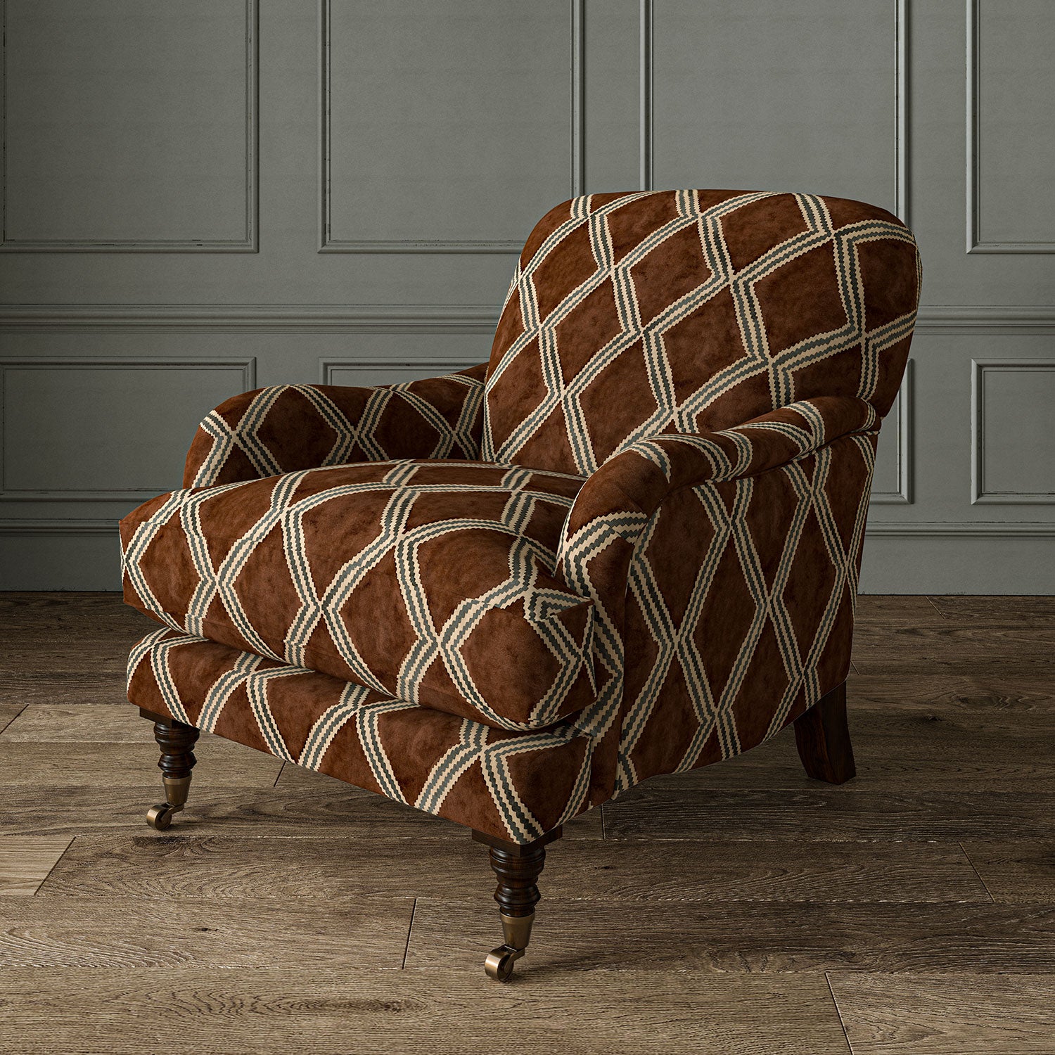 Velvet covered chair in a brown and blue irregular diamond motif fabric
