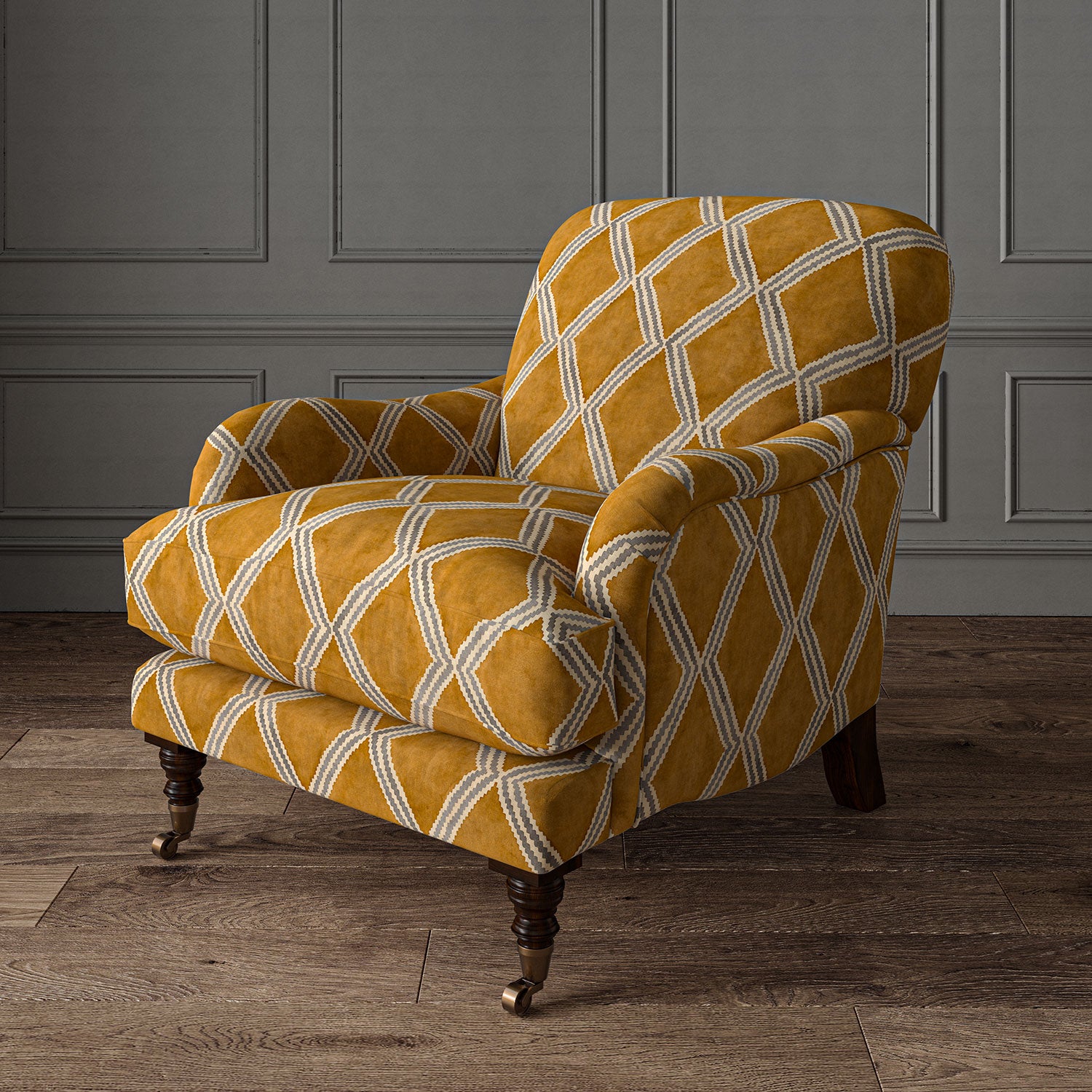 Accent chair upholstered in brown and blue printed velvet with an irregular diamond pattern, showcasing the fabric’s rich texture. 