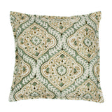 A green, cream and brown linen cushion with a central motif pattern.