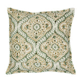 A green, cream and brown linen cushion with a central motif pattern.