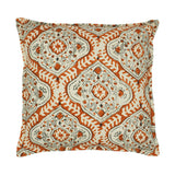 A orange, cream and black linen cushion with a central motif pattern.