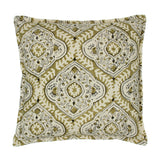 A green, cream and black linen cushion with a central motif pattern.