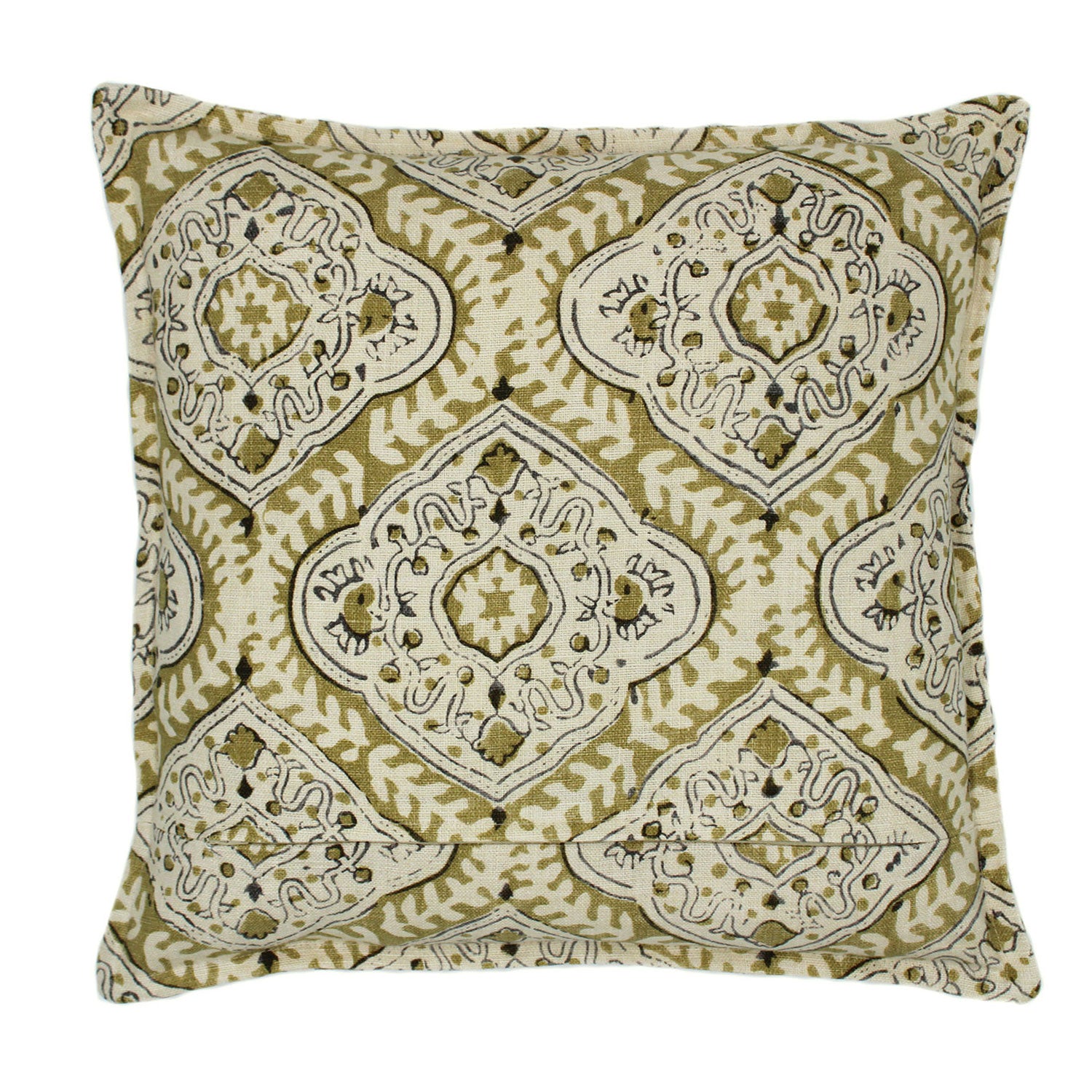 A green, cream and black linen cushion with a central motif pattern.