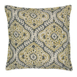 A grey, cream and brown linen cushion with a central motif pattern.