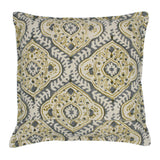 A grey, cream and brown linen cushion with a central motif pattern.